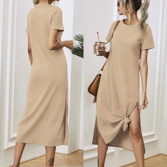 Minimalist midi tee shirt dress slit short sleeve - Picture 4 of 6